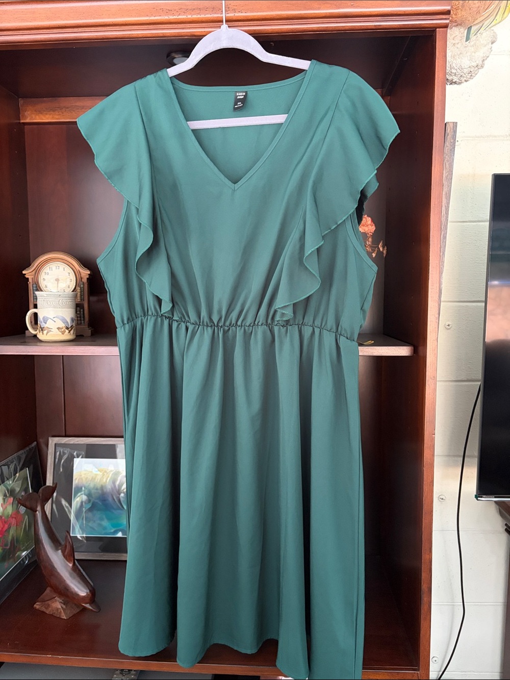 SHEIN Teal Green V-Neck Ruffle Midi Dress